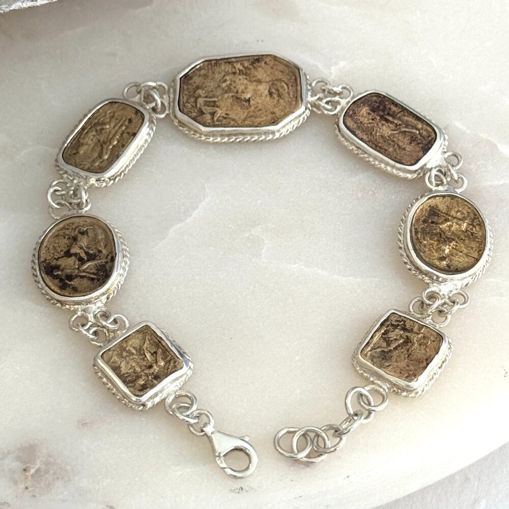Handmade Ancient Roman Art Coin Bracelet By Omer 925k Sterling Silver